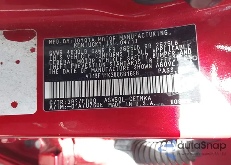 2013 Toyota Camry Le from USA, damaged, VIN 4T1BF1FK3DU681688